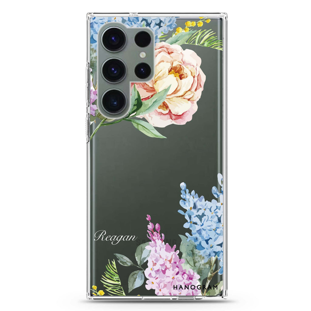 Tropical Floral personalized name Samsung Galaxy S26/S25/S24/S23/S22 Ultra ultra clear case, transparent design, main view